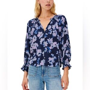 Rails Mariah Button-up Split Neck Cotton Blouse with smocked cuffs XL Peony